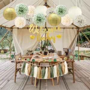 Kiwayo Baby Shower Decorations Sage Green- Welcome Baby Banner with Tissue Pom Poms, Tassel Garland, Paper Lanterns, Circle Dot Garland- Baby Gender Reveal Birthday Party Decorations