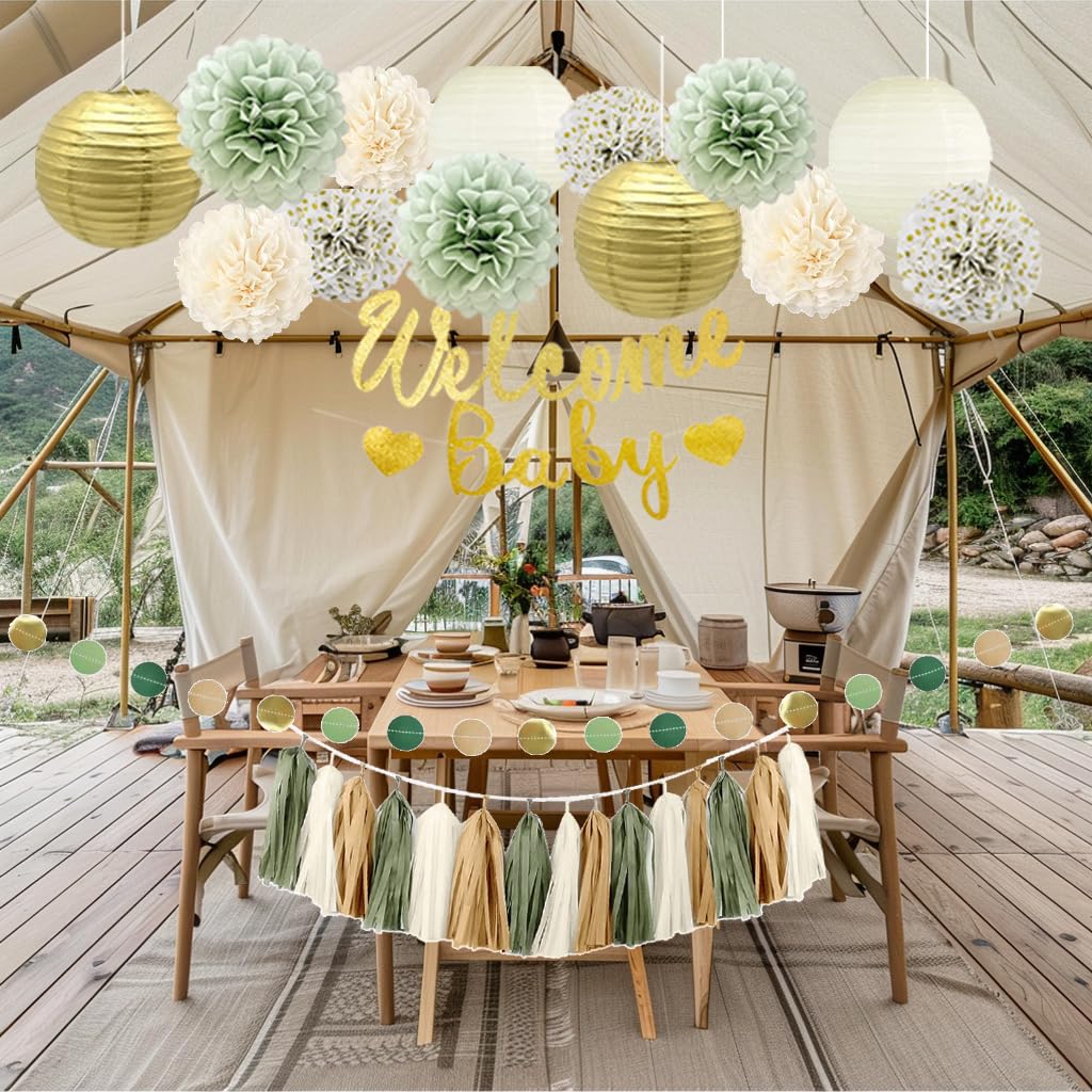 Kiwayo Baby Shower Decorations Sage Green- Welcome Baby Banner with Tissue Pom Poms, Tassel Garland, Paper Lanterns, Circle Dot Garland- Baby Gender Reveal Birthday Party Decorations