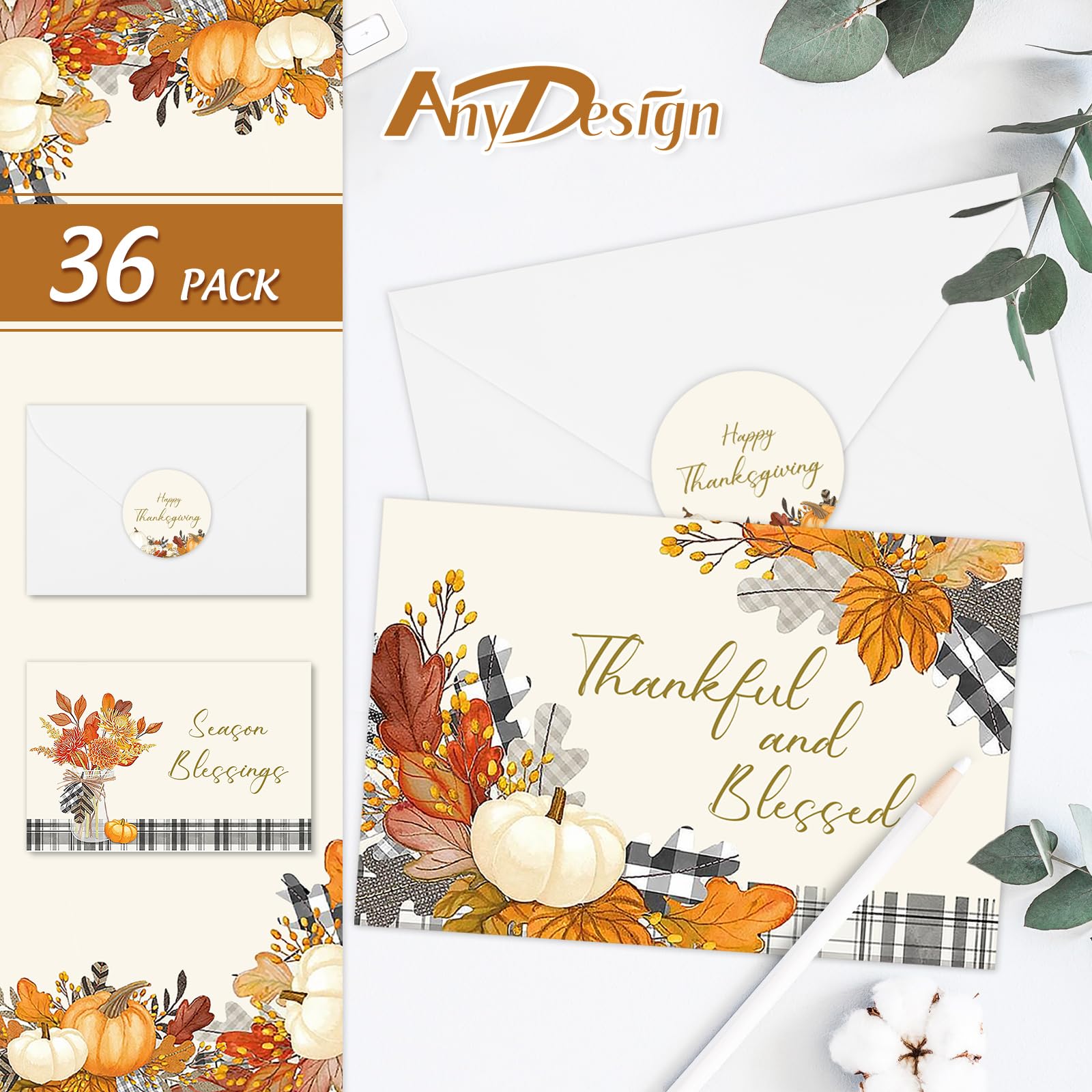 AnyDesign 36 Pack Fall Thanksgiving Greeting Cards Set Black and White Plaid Note Cards with Envelope and Sticker Pumpkin Maple leaves Blank Thank You Cards for Autumn Wedding Bridal Shower Birthday