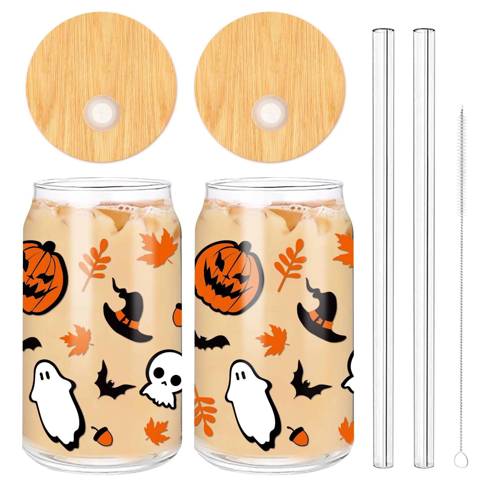 Whaline 2 Pack Halloween Glasses Cups Cute Pumpkin Ghost Bat Drinking Glasses 16oz Halloween Ice Coffee Cup with Bamboo Lid and Straw Beer Glass Can for Cocktail Whiskey Beer Soda Decor Gifts