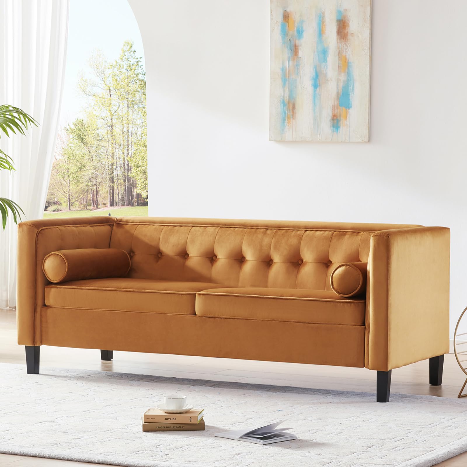 WILLOVE 78" Mid-Century Modern Velvet Sofa, 3 Seater Couch with Comfy Deep Seats, Futon Loveseat Couch for Living Room Furniture with Two Throw Pillows, Easy to Install (Ginger)