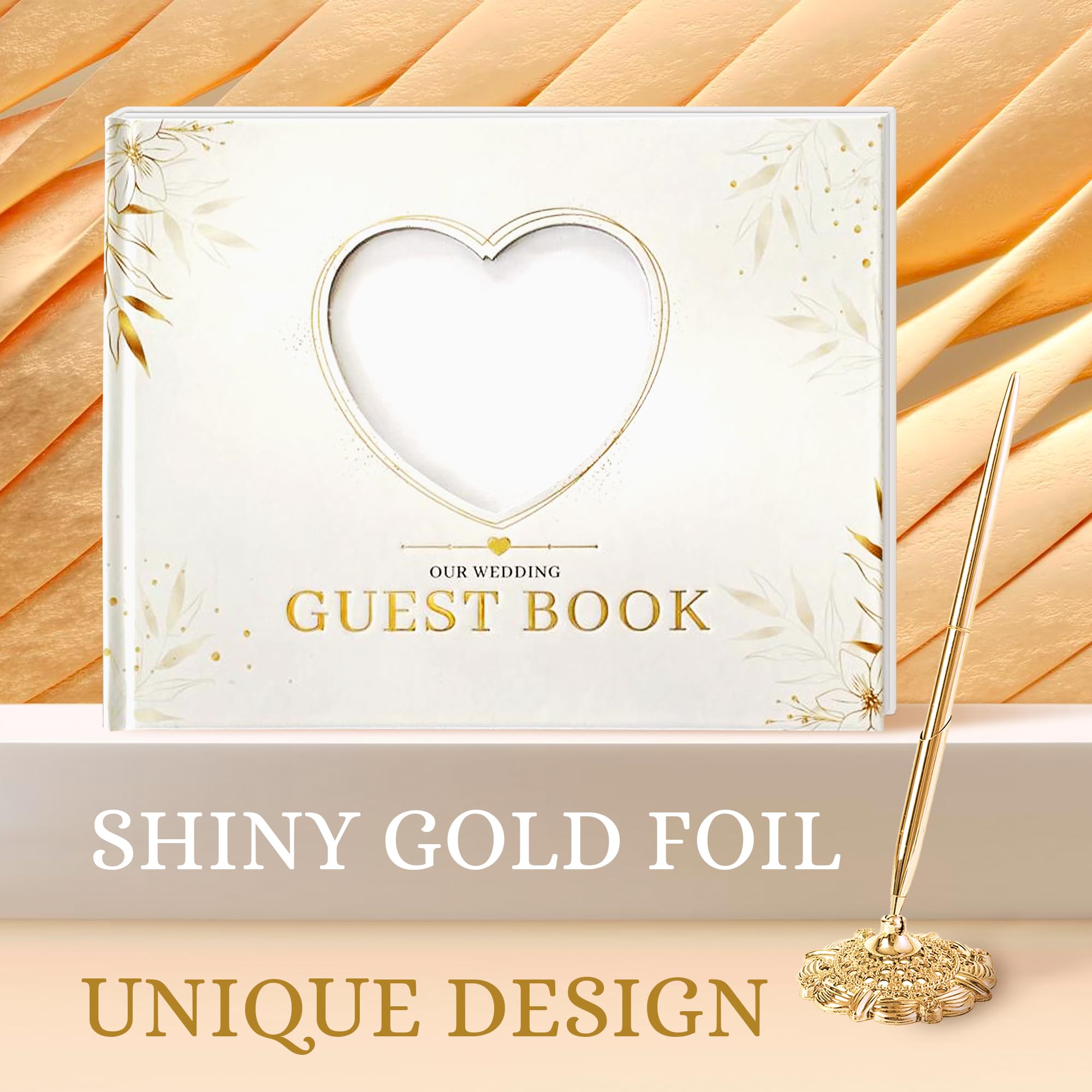 Wedding Guest Book and Elegant Guest Book Wedding Reception with Hardcover 8"x10", Guest Book for Wedding with Golden Pen with its Gold Metal Base, 100 Blank Pages for Wedding Guest Book Sign Include