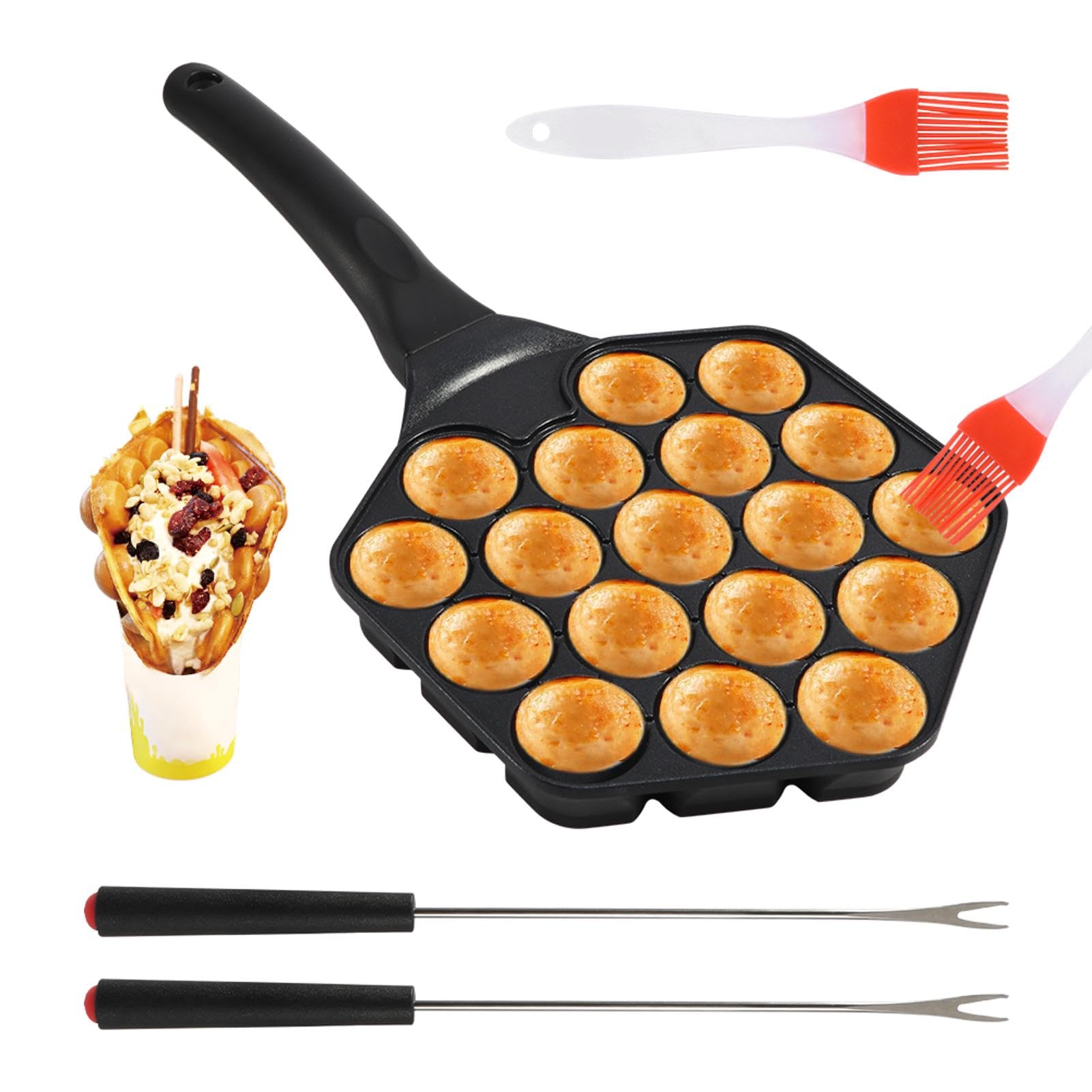 Takoyaki Grill Pan 18 Holes Takoyaki Maker Baking Pan,With Silicone Oil Brush,2pcs Barbecue Forks,1.5" Half Sphere Japanese Takoyaki Pan,for Making Takoyaki & Round Pancakes