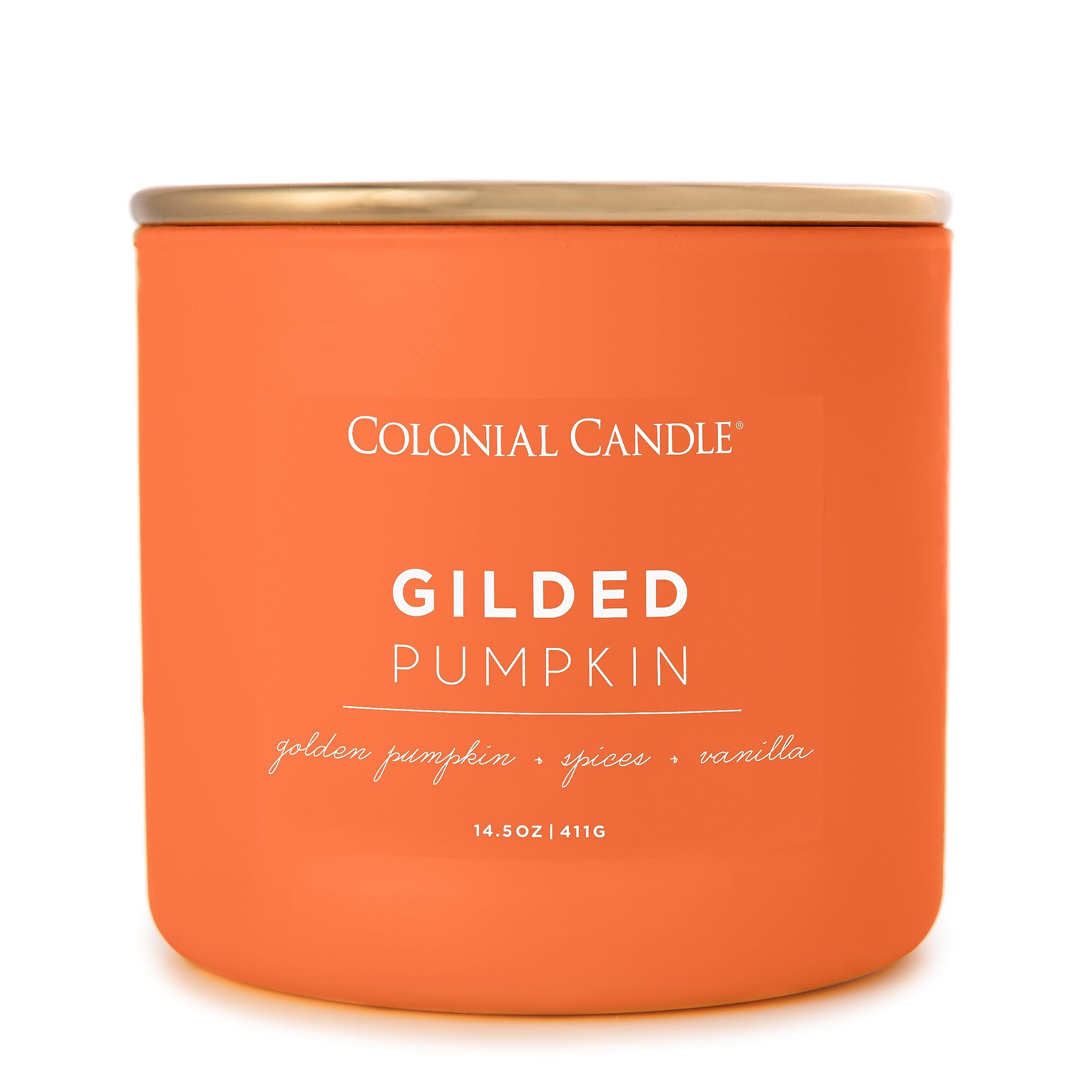 Colonial Candle Gilded Pumpkin Scented Jar Candle, Pop of Color Collection, 3 Wick, Orange, 14.5 oz - Up to 60 Hours Burn