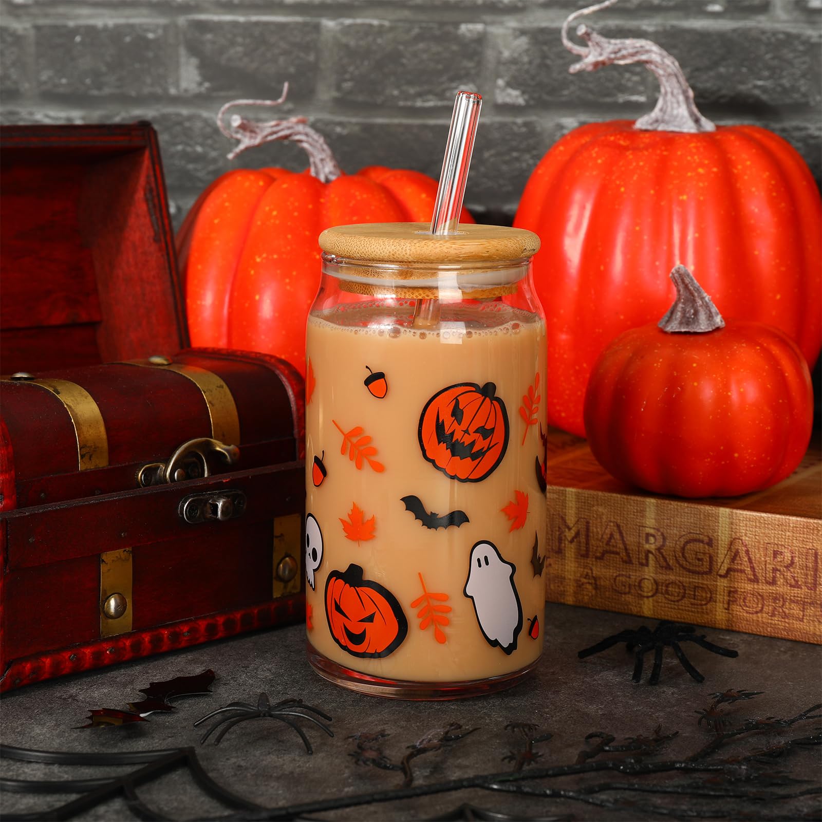 Whaline 2 Pack Halloween Glasses Cups Cute Pumpkin Ghost Bat Drinking Glasses 16oz Halloween Ice Coffee Cup with Bamboo Lid and Straw Beer Glass Can for Cocktail Whiskey Beer Soda Decor Gifts