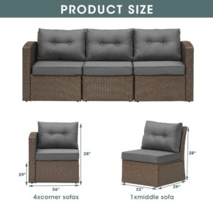 MAXXPRIME 3-Piece Patio Furniture, Wicker Sectional with Ergonomic Design, Lightweight Aluminum Frame, All-Weather Wicker Rattan, Non-Slip Cushions, Brown Wicker and Dark Grey Cushion