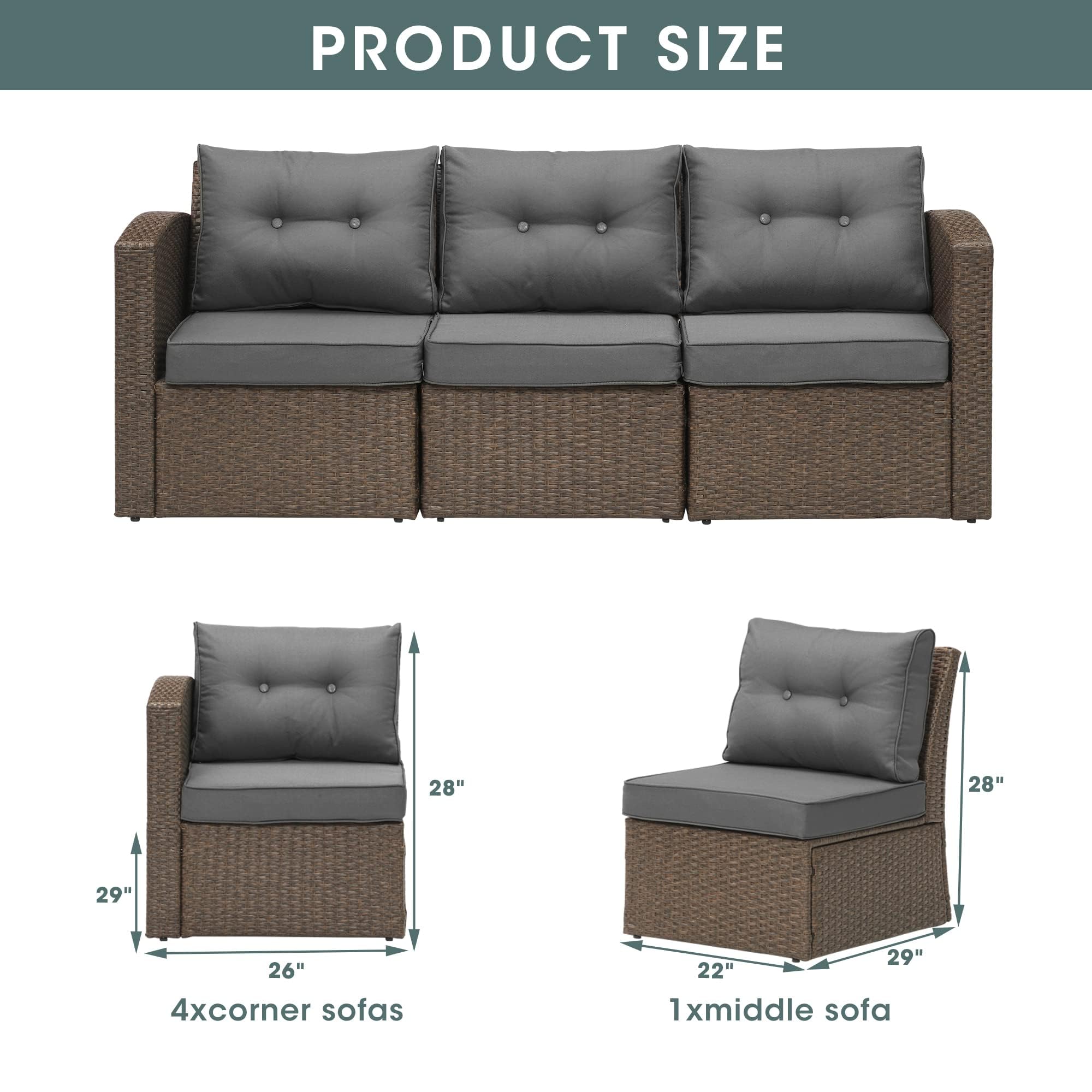 MAXXPRIME 3-Piece Patio Furniture, Wicker Sectional with Ergonomic Design, Lightweight Aluminum Frame, All-Weather Wicker Rattan, Non-Slip Cushions, Brown Wicker and Dark Grey Cushion