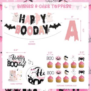 135 PCs Happy Boo Day Party Decorations, Fiesec Halloween Themed Pink and Black Birthday Party Decorations Backdrop Balloon Garland Spider Web Banner Tablecloth Cake Topper Little Ghost