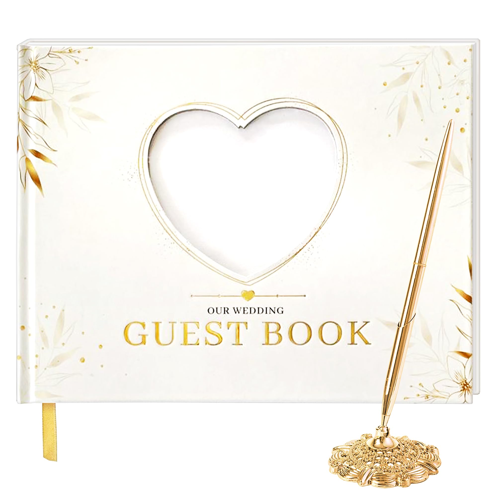 Wedding Guest Book and Elegant Guest Book Wedding Reception with Hardcover 8"x10", Guest Book for Wedding with Golden Pen with its Gold Metal Base, 100 Blank Pages for Wedding Guest Book Sign Include