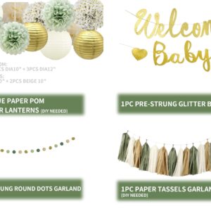 Kiwayo Baby Shower Decorations Sage Green- Welcome Baby Banner with Tissue Pom Poms, Tassel Garland, Paper Lanterns, Circle Dot Garland- Baby Gender Reveal Birthday Party Decorations