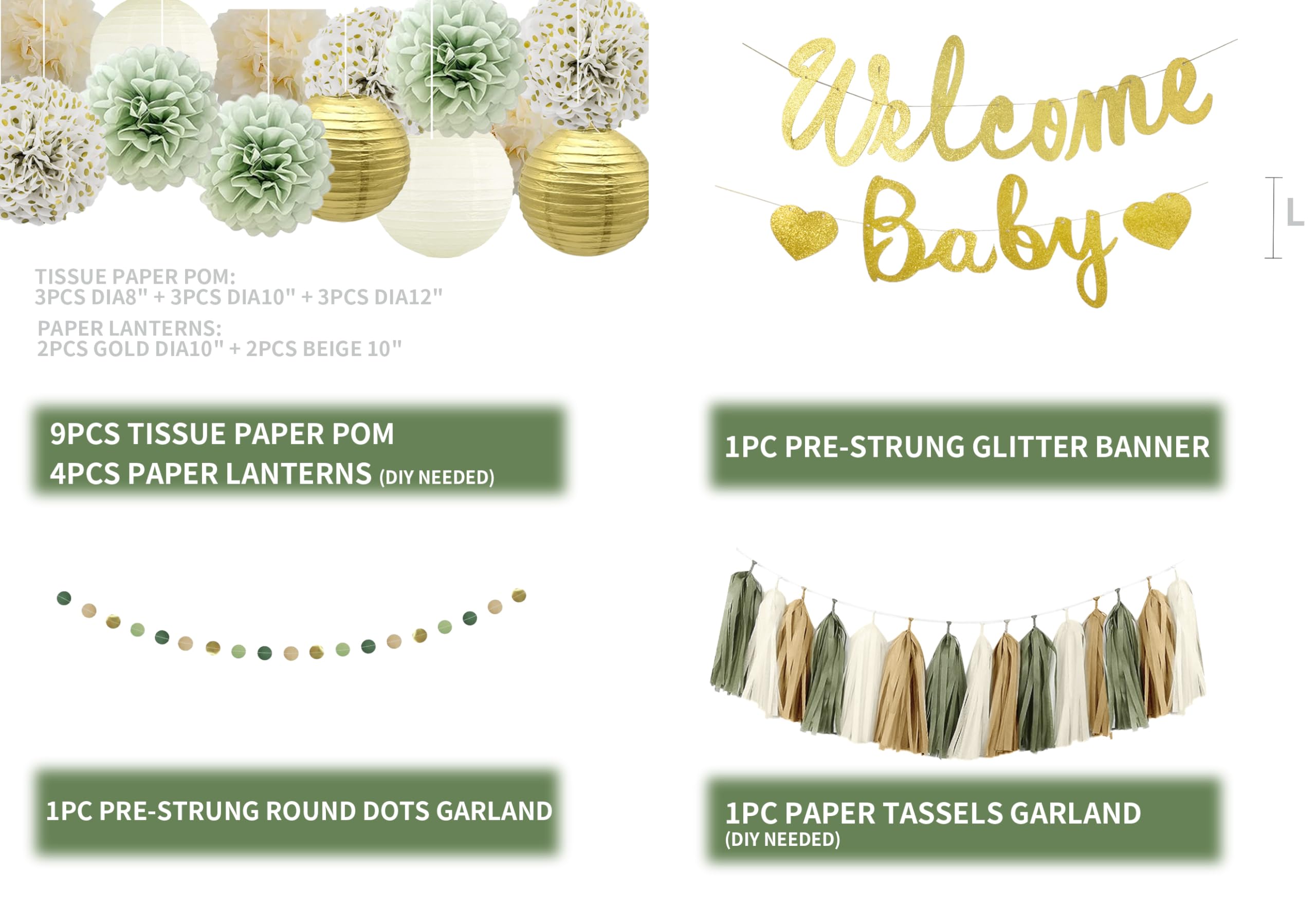 Kiwayo Baby Shower Decorations Sage Green- Welcome Baby Banner with Tissue Pom Poms, Tassel Garland, Paper Lanterns, Circle Dot Garland- Baby Gender Reveal Birthday Party Decorations