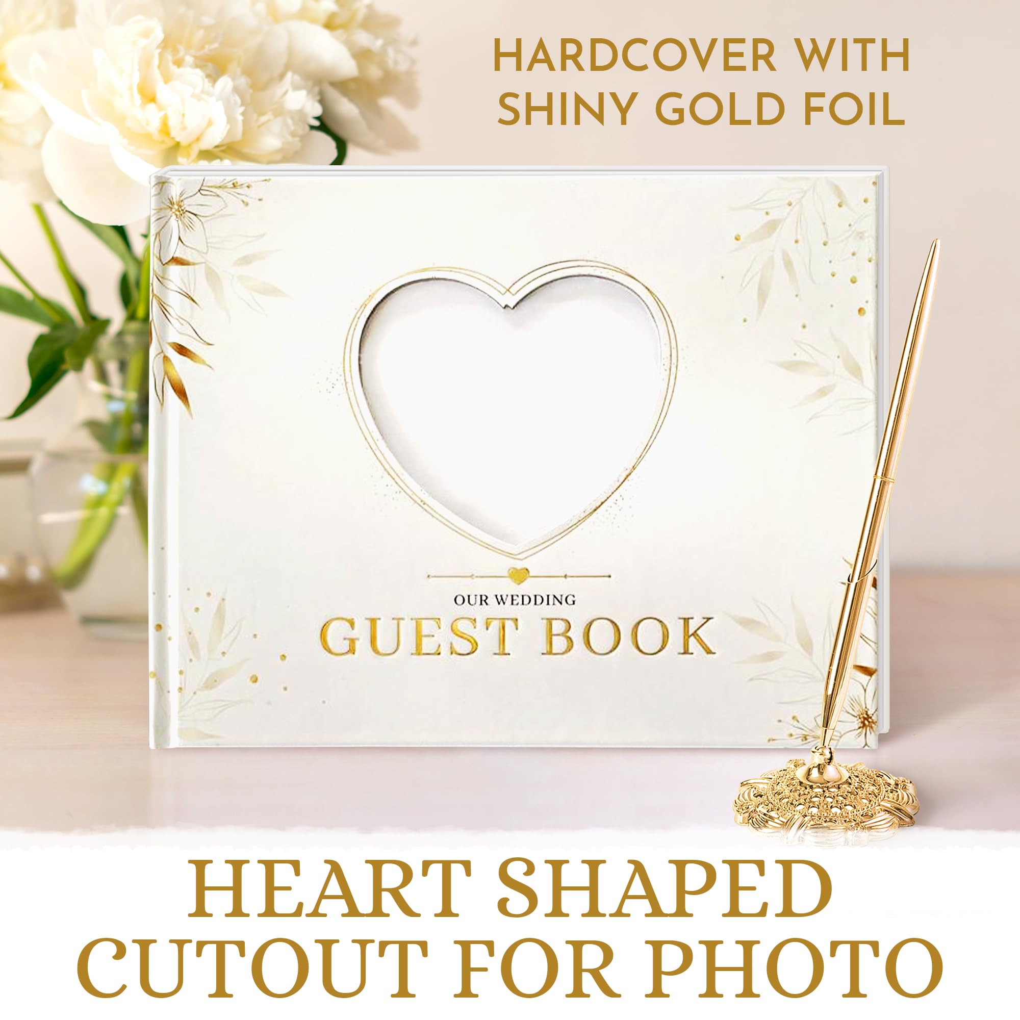 Wedding Guest Book and Elegant Guest Book Wedding Reception with Hardcover 8"x10", Guest Book for Wedding with Golden Pen with its Gold Metal Base, 100 Blank Pages for Wedding Guest Book Sign Include