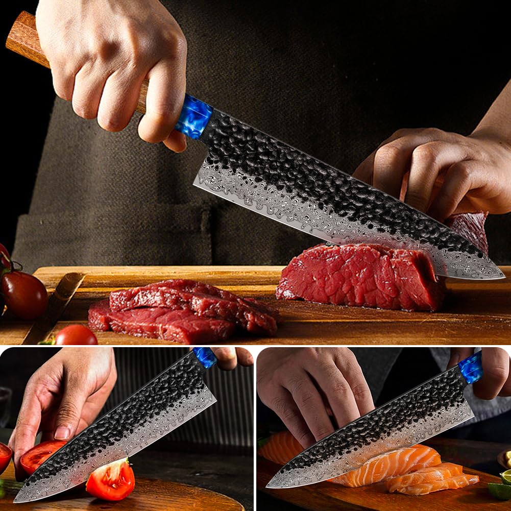 Chef Knife 8 Inch Damascus Kitchen Knife, Japanese VG10 Damascus Steel Meat Cooking Knife, Gyuto Chefs Knife G10 Ergonomic Color Wooden Handle with Luxury Gift Box