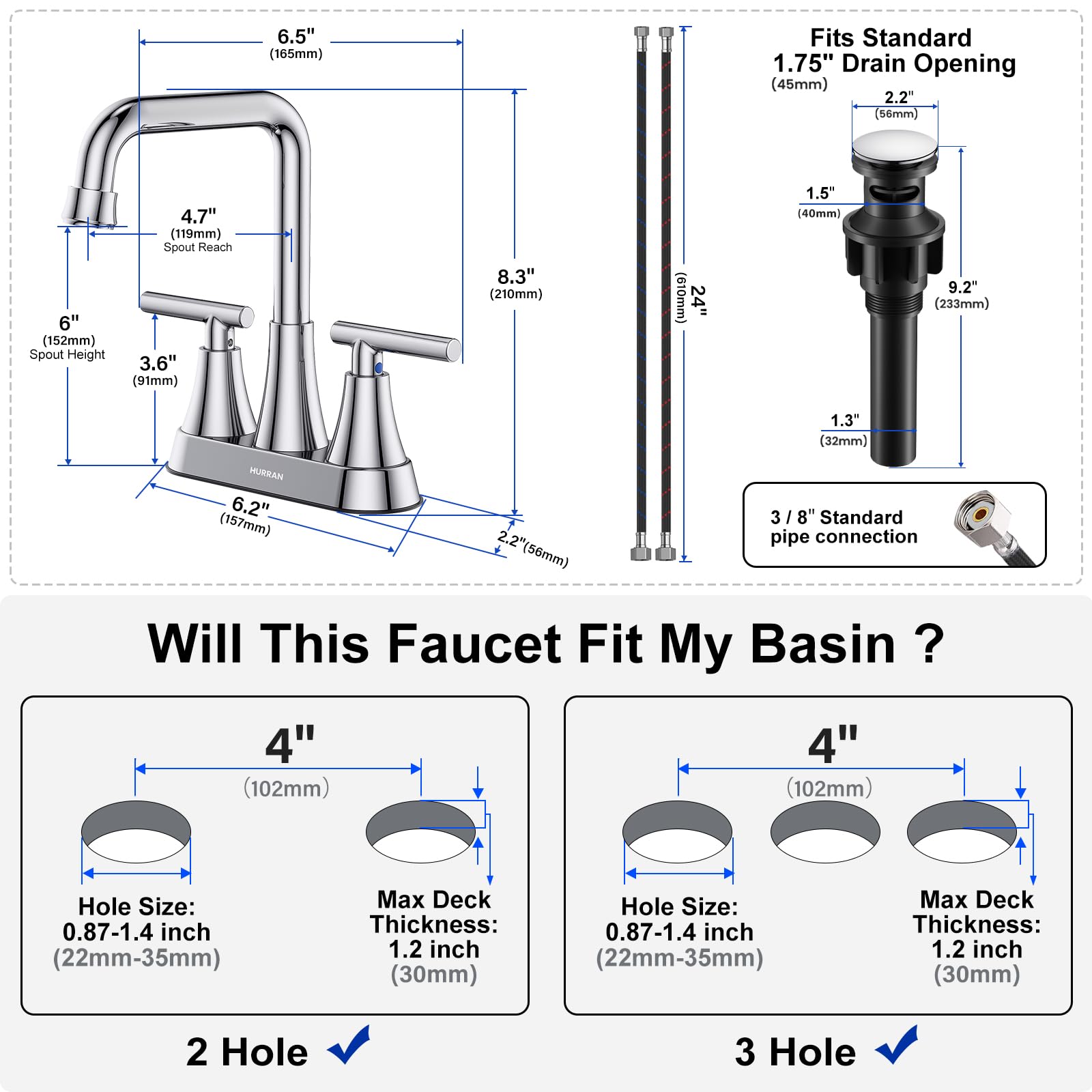 Bathroom Sink Faucet, Hurran 4 inch Chrome Bathroom Faucets for Sink 3 Hole with Pop-up Drain and Supply Lines, Stainless Steel 2-Handle Centerset Faucet for Bathroom Sink Vanity RV Restroom