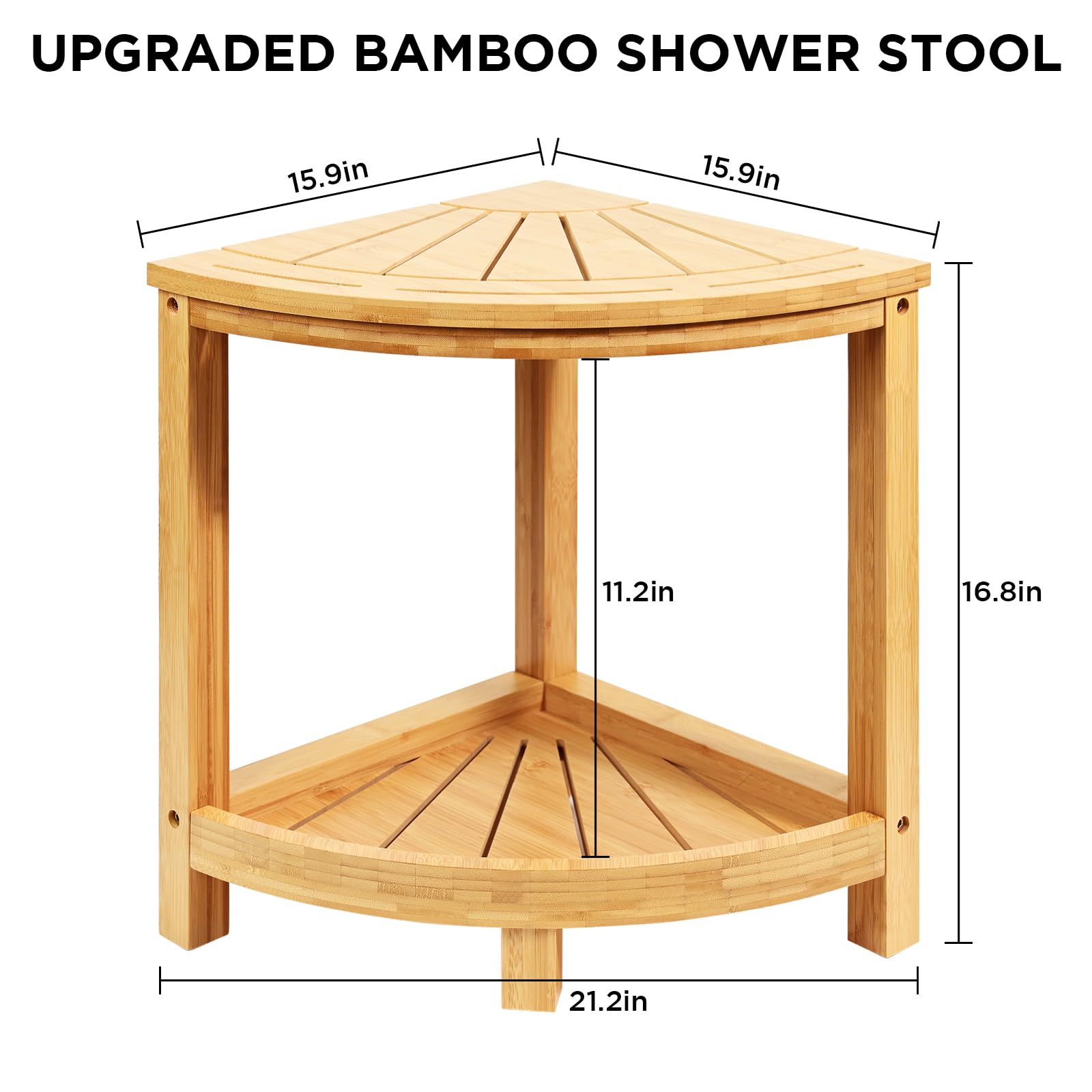 Ollieroo 2-Tier Bamboo Corner Shower Stool for Shaving Legs, Waterproof Shower Bench with Storage Shelf and Soap Dish, Shower Chair for Inside Shower, Non-Slip Shower Foot Rest(Natual)