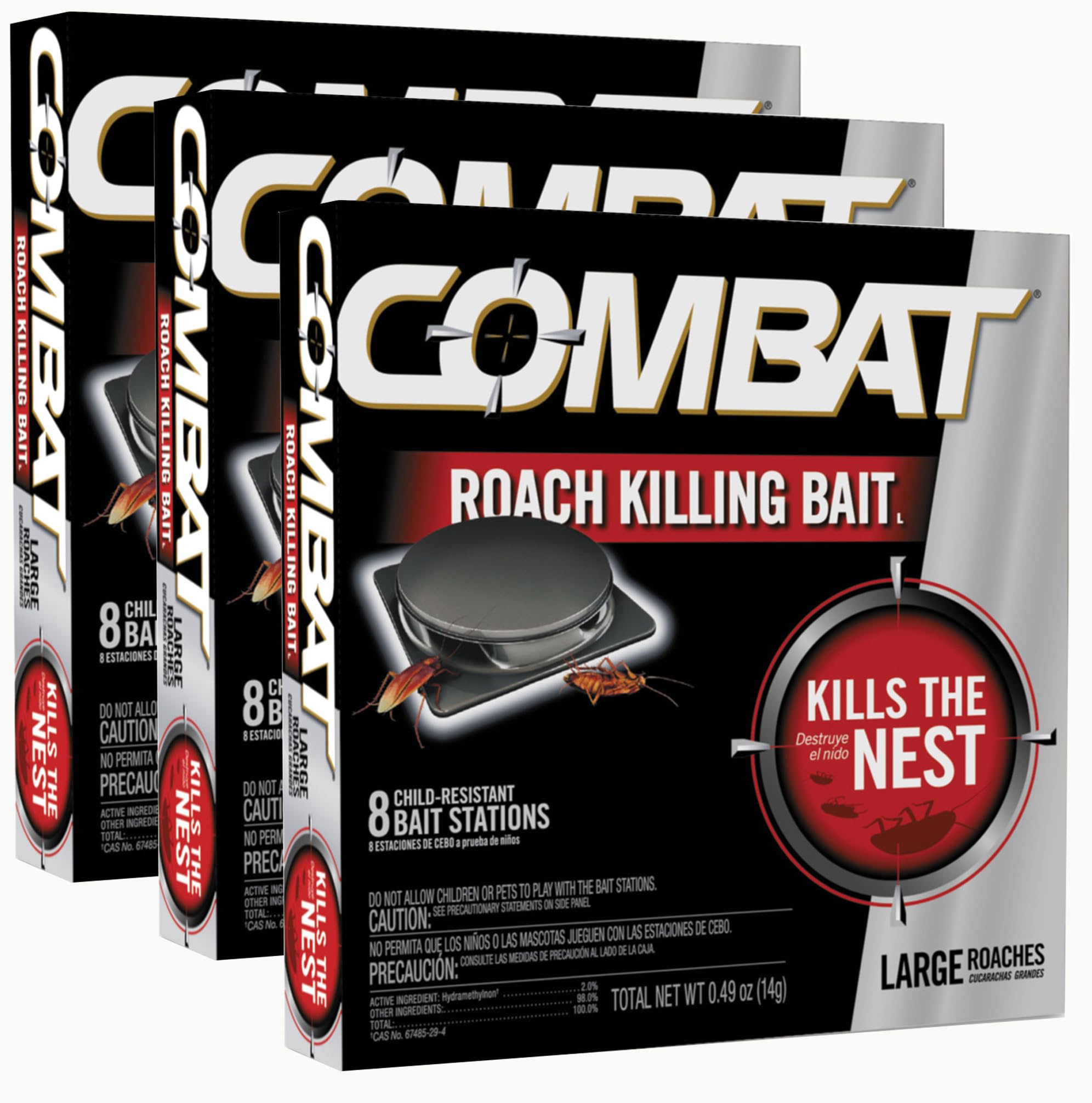 Combat Roach Killing Bait for Large Roaches, Kills The Nest, Child Resistant, for Waterbugs and Cockroaches and More, 8 Count (Pack of 3)