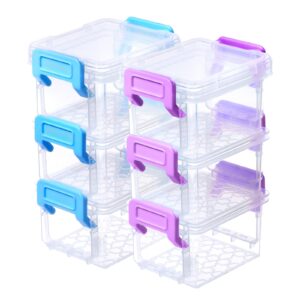 iskybob 6 packs small storage bins with lids, 3.3x2.1x1.7 mini stackable plastic storage containers colorful bead organizer latch box small containers for organizing craft, small items, blue+purple