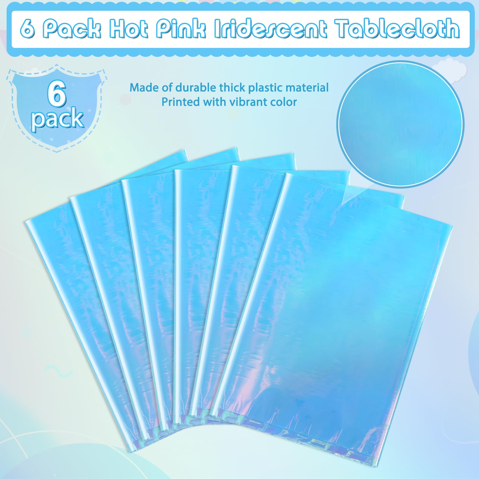 6 Pack Iridescent Blue Plastic Tablecloth, Shiny Blue Disposable Laser Rectangle Table Covers, Blue Holographic Foil Tablecloth Party Decorations for Birthday Bridal Wedding Christmas, 40 x 108 Inch