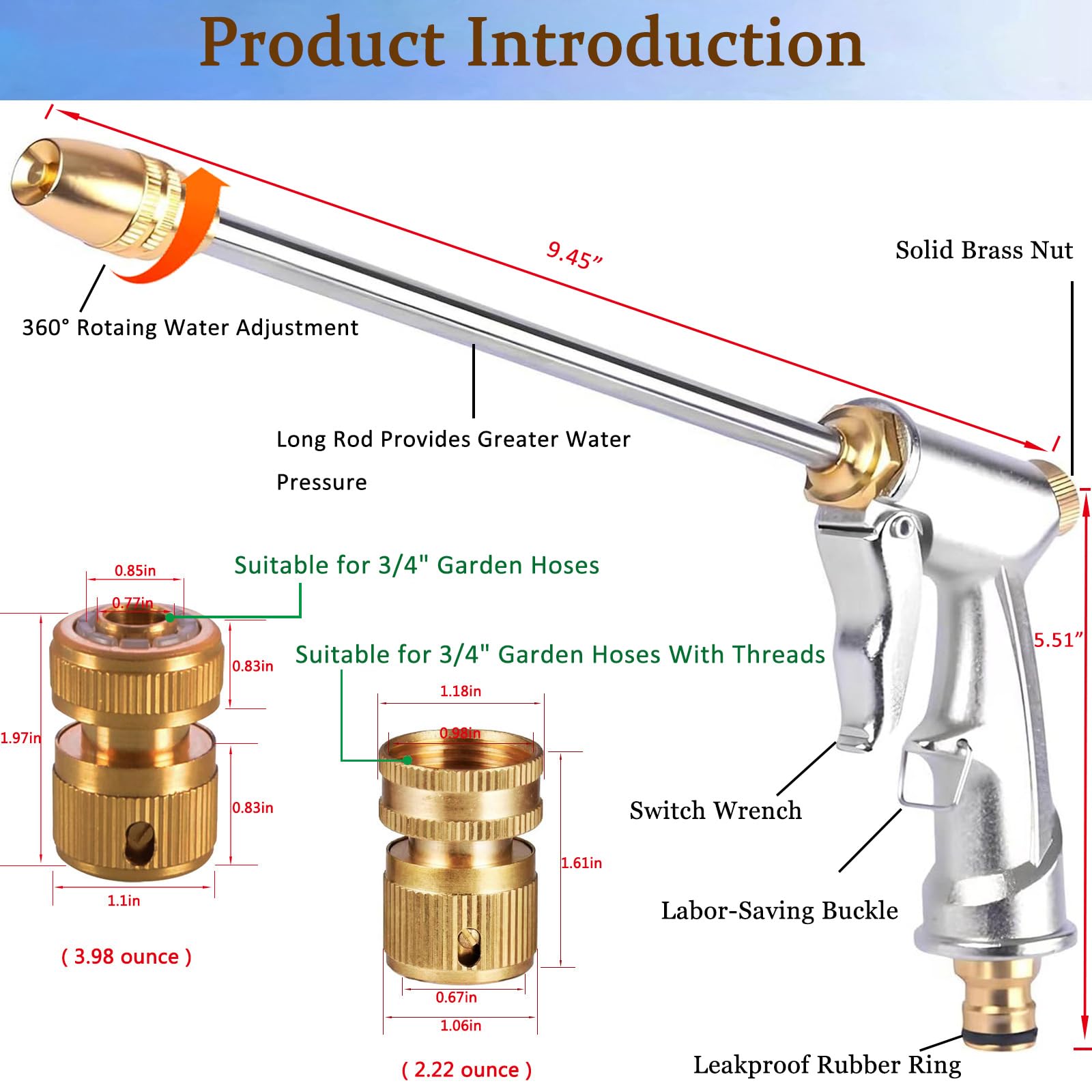 Garden Hose Nozzles,High Pressure Water Hose Nozzle Sprayer Head,360°Water Adjustment,2 Different Types of 3/4”Quick Connectors, for Watering Garden and Lawn,Washing Cars,Cleaning,Showering Dogs&Pets