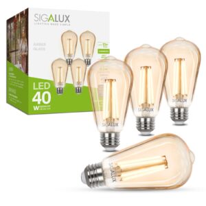 sigalux edison led light bulbs, dimmable vintage light bulbs 40 watt equivalent, e26 led filament bulbs, st19 antique amber glass light bulbs soft white 2700k, 400lm, cri90, ul listed, 4 pack