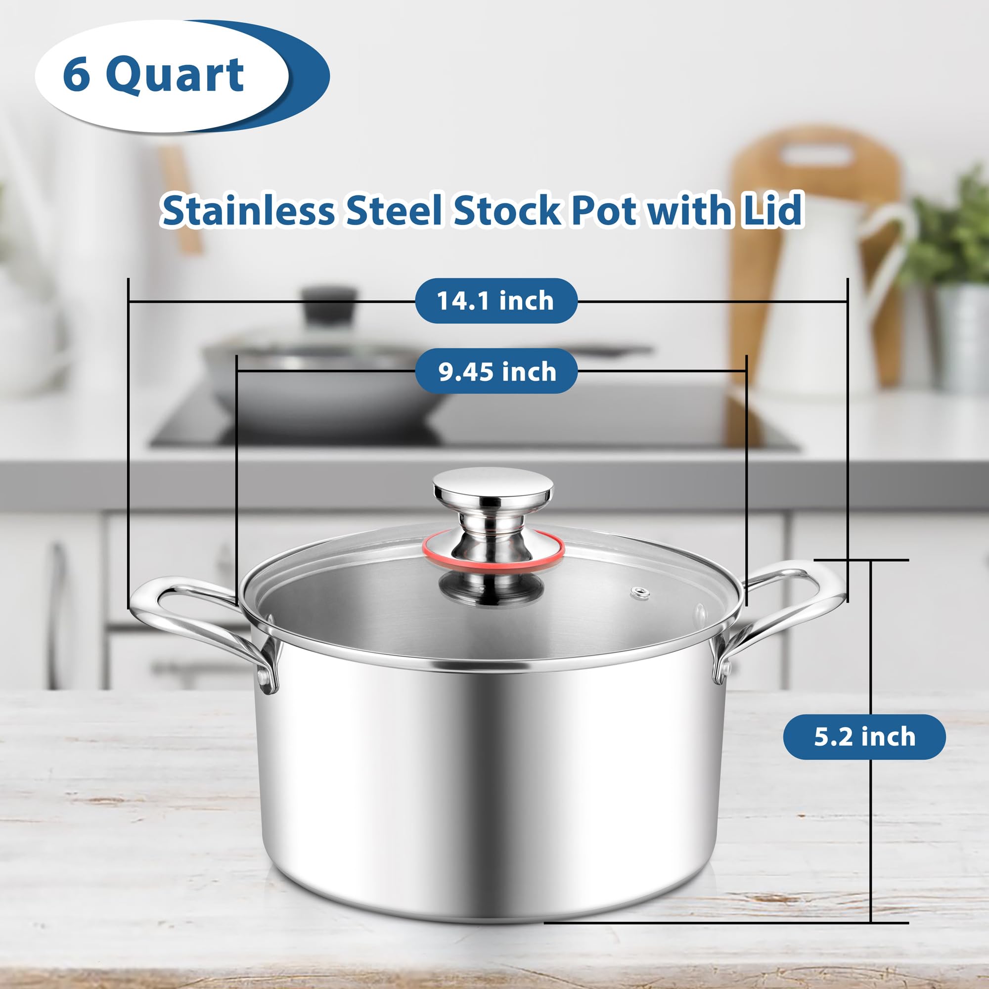 E-far 6 Quart Stock Pot, Tri-Ply Stainless Steel Cooking Pot with Glass Lid and Riveted Handles, Metal Pasta Soup Pot for Induction Ceramic Electric Gas Stoves, Heavy Duty & Dishwasher Safe