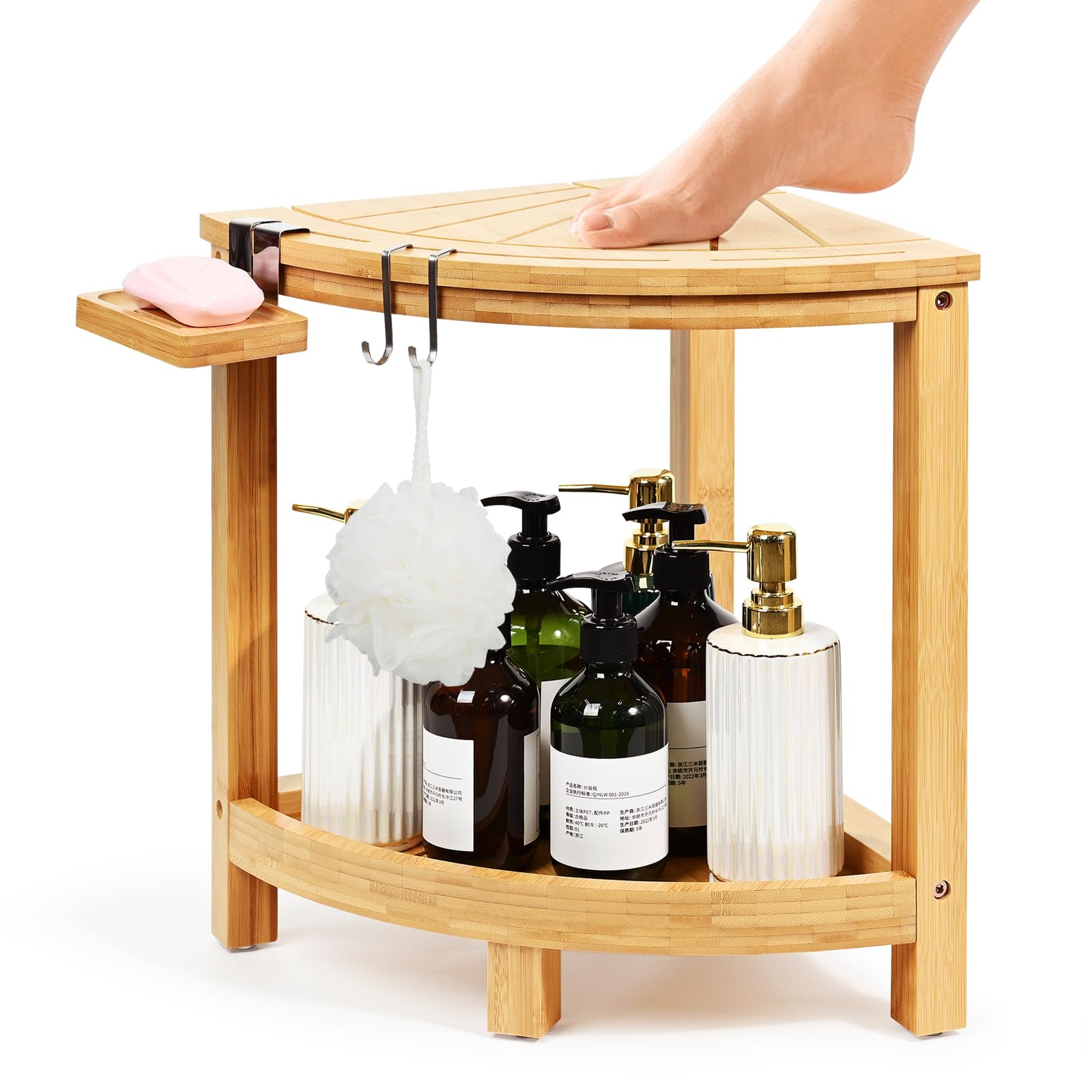 Ollieroo 2-Tier Bamboo Corner Shower Stool for Shaving Legs, Waterproof Shower Bench with Storage Shelf and Soap Dish, Shower Chair for Inside Shower, Non-Slip Shower Foot Rest(Natual)