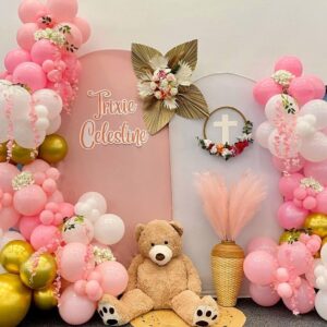 Pink and Gold Confetti Balloons Set, 50pcs 12 inch Light Pink Baby Pink White Gold Party Balloons with Ribbons for Girl Birthday Wedding Baby Shower Bridal Shower Graduation Party Decoration