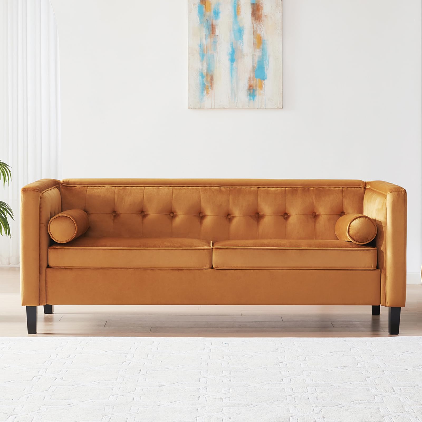 WILLOVE 78" Mid-Century Modern Velvet Sofa, 3 Seater Couch with Comfy Deep Seats, Futon Loveseat Couch for Living Room Furniture with Two Throw Pillows, Easy to Install (Ginger)