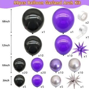 Purple and Black Balloon Garland Arch Kit, Black Purple Silver Balloon Arch Kit with 2PCS 4D Foil Star 18/12/10/5 inch Latex Balloons for Halloween Birthday Graduation Themed Party Decorations