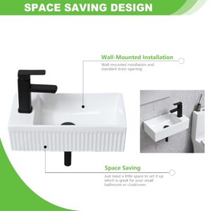 Hiomiestiy Bathroom Vessel Sink Wall Mount Sink White Wall Mounted Rectangular Bathroom Sink with Faucet and Drain White Porcelain Ceramic Washing Small Bathroom Vanity Sink