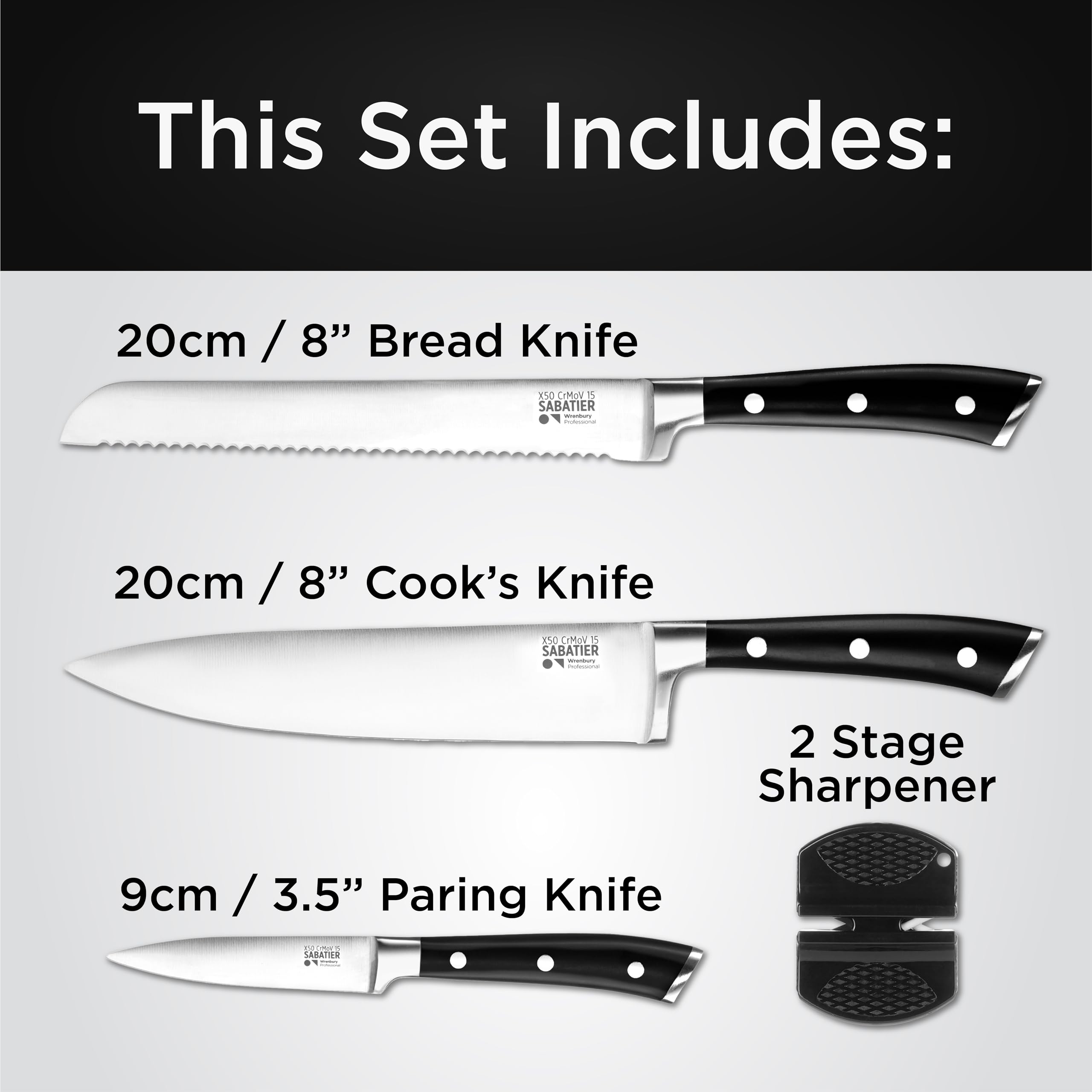 Wrenbury Professional Kitchen Knives Set of 3 German Grade - Sabatier Ultra Sharp Stainless Steel with Sharpener - Full Tang Chef Knife Set - All Purpose Utility Set