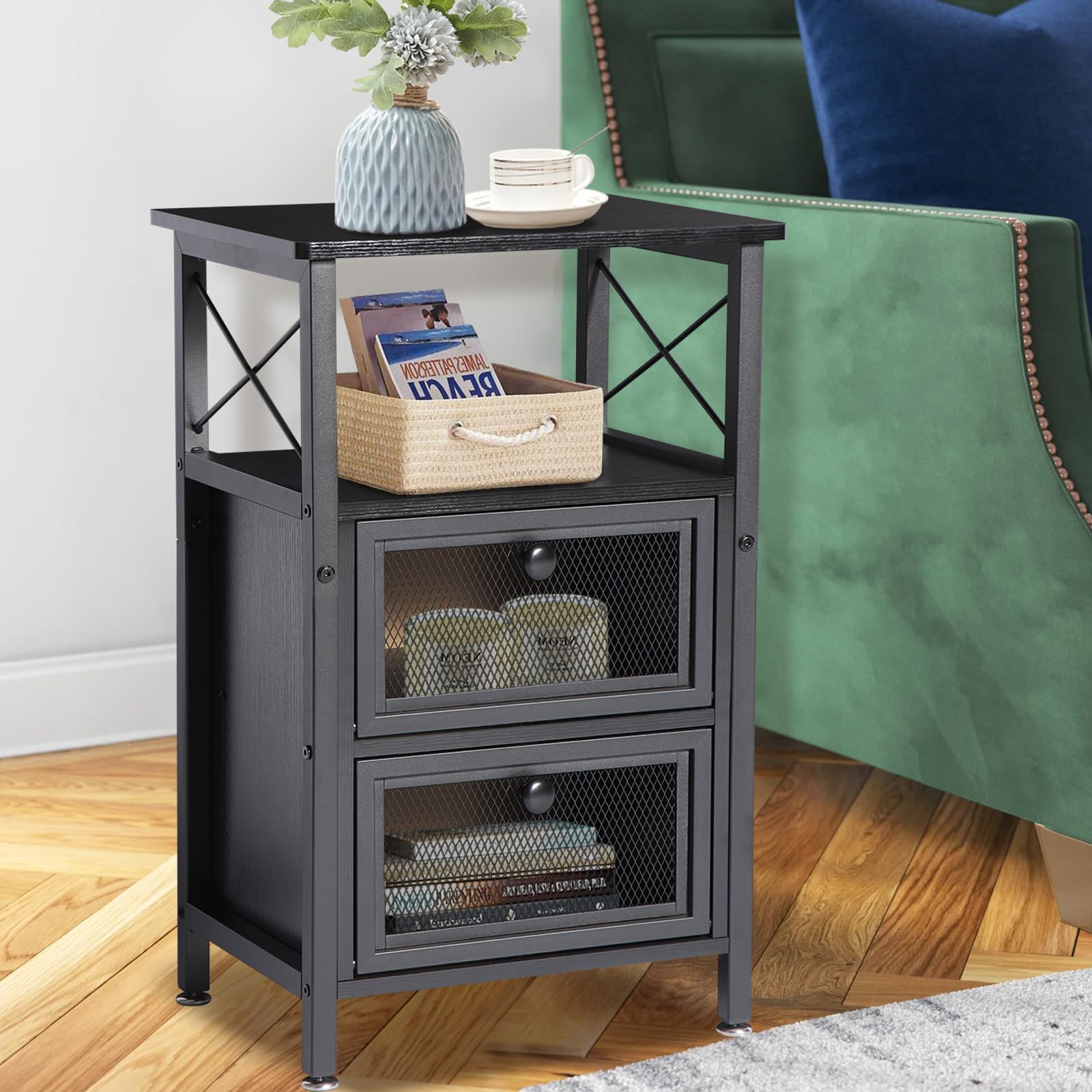 Caredear Black Wood and Metal Nightstand with Mesh Doors - 16" L x 12" W x 24" H Small Industrial End Table with Storage, Narrow Wood Side Table with 2 Drawers, Black Sofa Side Table for Small Space