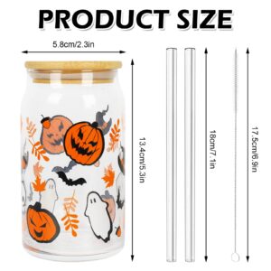 Whaline 2 Pack Halloween Glasses Cups Cute Pumpkin Ghost Bat Drinking Glasses 16oz Halloween Ice Coffee Cup with Bamboo Lid and Straw Beer Glass Can for Cocktail Whiskey Beer Soda Decor Gifts