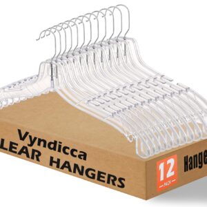 Vyndicca 12 Pack Clear Plastic Hangers,Shirt Hanger Clear Hangers with 360 Swivel Metal Hook,Heavy Duty Dress Hangers Coat Hangers for Clothes Shirts Dresses,16.7 Inch