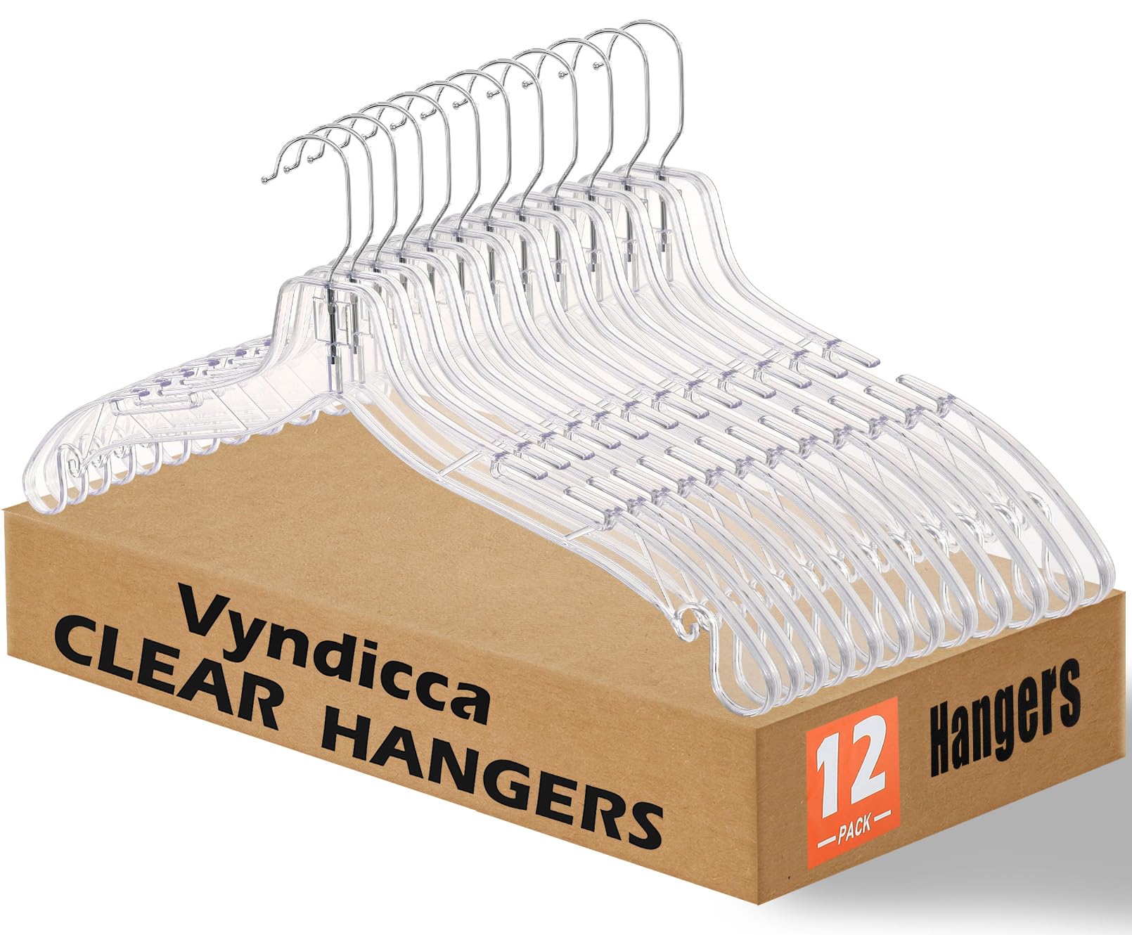 Vyndicca 12 Pack Clear Plastic Hangers,Shirt Hanger Clear Hangers with 360 Swivel Metal Hook,Heavy Duty Dress Hangers Coat Hangers for Clothes Shirts Dresses,16.7 Inch