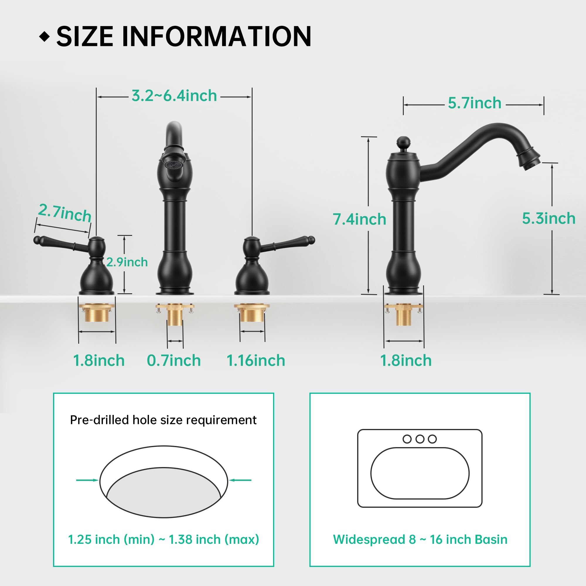 BASDEHEN widespread Bathroom Faucet, 8 inch 2 Handles 3 Holes Solid Brass Bathroom Sink Faucet (Drain Assembly Not Included) (Matte Black)