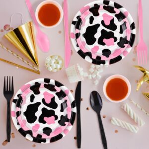 durony 210 Pieces Pink Cow Print Tableware Set Pink Cow Print Party Decorations Paper Plates Cups Napkins Knife Spoons Forks for Cowgirl, Baby Shower, Farm Birthday Party Supplies, Serve 30 Guests