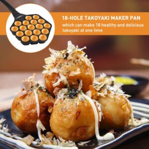 Takoyaki Grill Pan 18 Holes Takoyaki Maker Baking Pan,With Silicone Oil Brush,2pcs Barbecue Forks,1.5" Half Sphere Japanese Takoyaki Pan,for Making Takoyaki & Round Pancakes