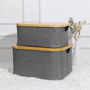 ANMINY Storage Baskets for Organizing, Collapsible Fabric Storage Bins Boxes with Wood Lids & Handles, Stackable Closet Cabinet Shelf Baskets - Gray, Large