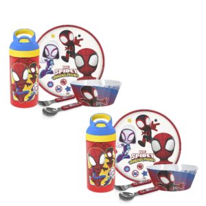 zak! marvel spidey and his amazing friends - 5-piece dinnerware set - pack of 2 - includes two each: water bottle, 8-inch plate, 6-inch bowl, fork & spoon - suitable for kids ages 3+