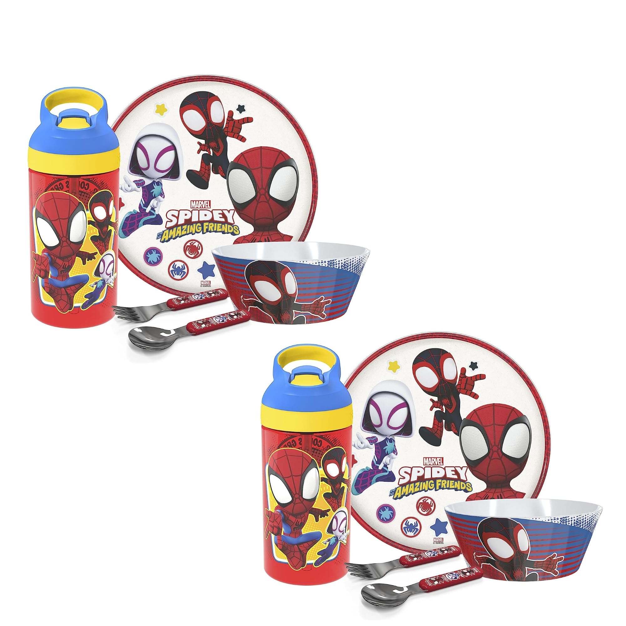 zak! Marvel Spidey and His Amazing Friends - 5-Piece Dinnerware Set - Pack of 2 - Includes Two Each: Water Bottle, 8-Inch Plate, 6-Inch Bowl, Fork & Spoon - Suitable for Kids Ages 3+