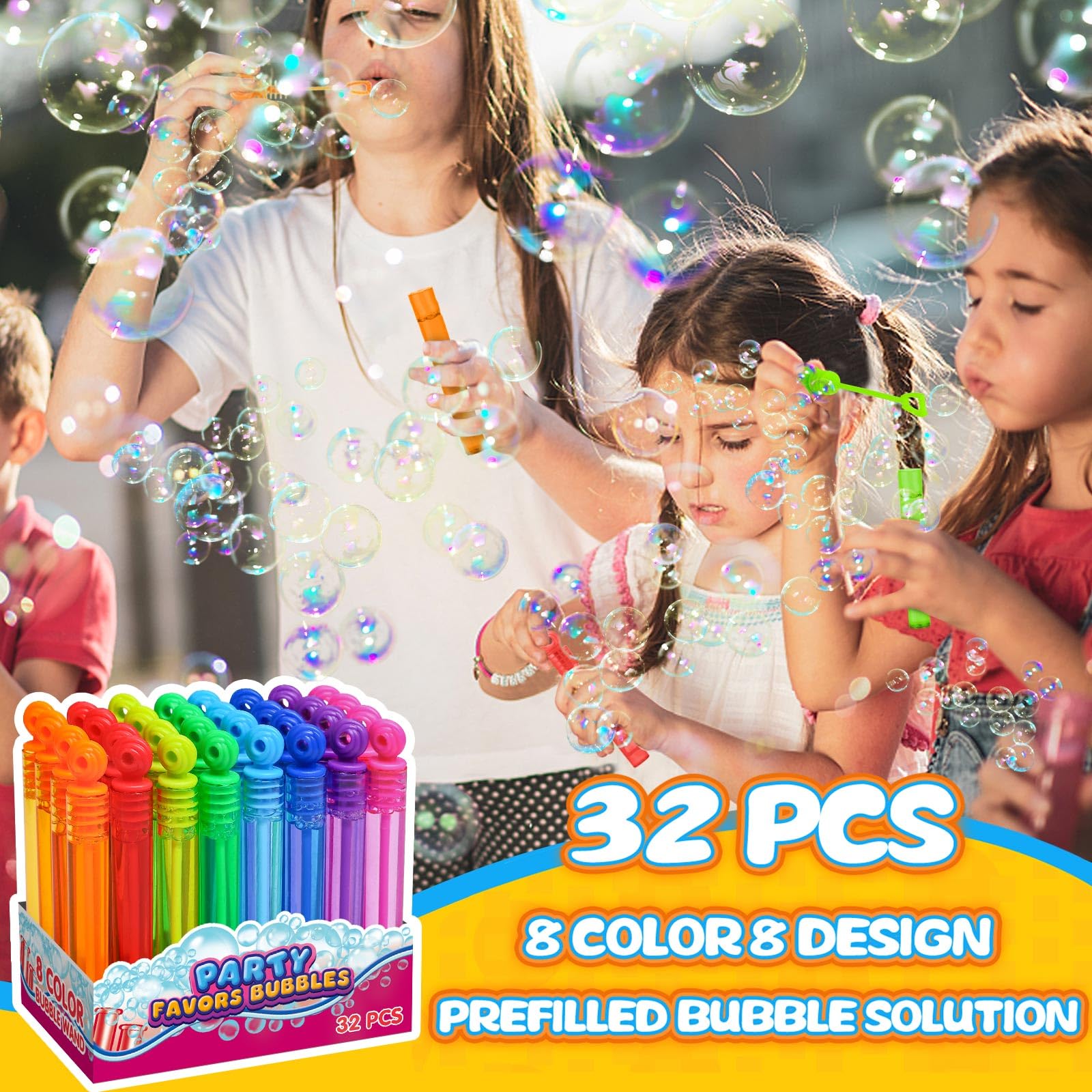 Goodie Bags Stuffers for Kids Party, 32 Pack Mini Neon Bubble Wands for Party Favors Supplies in Gift Box, Classroom School Reward, and Pinata Filler Toys, Birthday Decorations, Small Halloween Treats