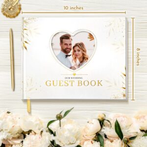 Wedding Guest Book and Elegant Guest Book Wedding Reception with Hardcover 8"x10", Guest Book for Wedding with Golden Pen with its Gold Metal Base, 100 Blank Pages for Wedding Guest Book Sign Include