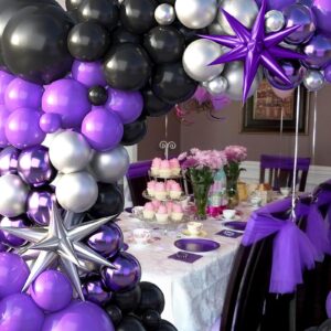 Purple and Black Balloon Garland Arch Kit, Black Purple Silver Balloon Arch Kit with 2PCS 4D Foil Star 18/12/10/5 inch Latex Balloons for Halloween Birthday Graduation Themed Party Decorations