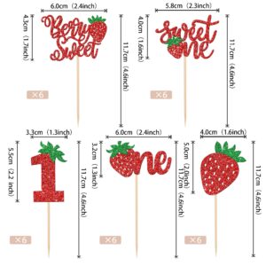 30 PCS Strawberry Sweet One Cupcake Toppers Glitter Berry Sweet 1st Birthday Strawberry Cupcake Picks for Fruit Theme Baby Shower Kids First Birthday Party Cake Decorations Supplies Red