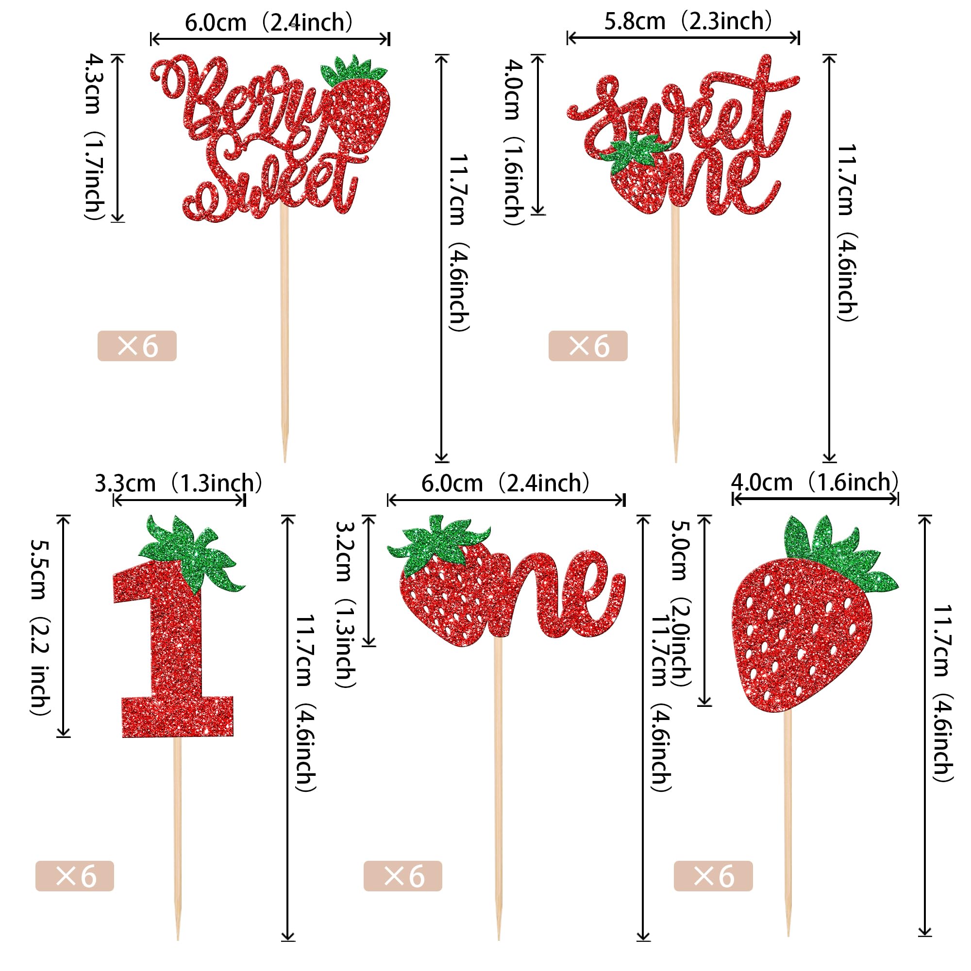 30 PCS Strawberry Sweet One Cupcake Toppers Glitter Berry Sweet 1st Birthday Strawberry Cupcake Picks for Fruit Theme Baby Shower Kids First Birthday Party Cake Decorations Supplies Red