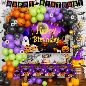 fiesec halloween birthday party decorations, halloween themed birthday party decorations backdrop happy birthday banner balloon garland tablecloth cake topper spider ghost purple black orange