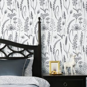 JiffDiff Peel and Stick Wallpaper Black and White Floral Wallpaper Farmhouse Wildwood Wheat Meadow Removable Wallpaper for Bedroom Modern Wallpaper Renter Friendly 118"X17.3"