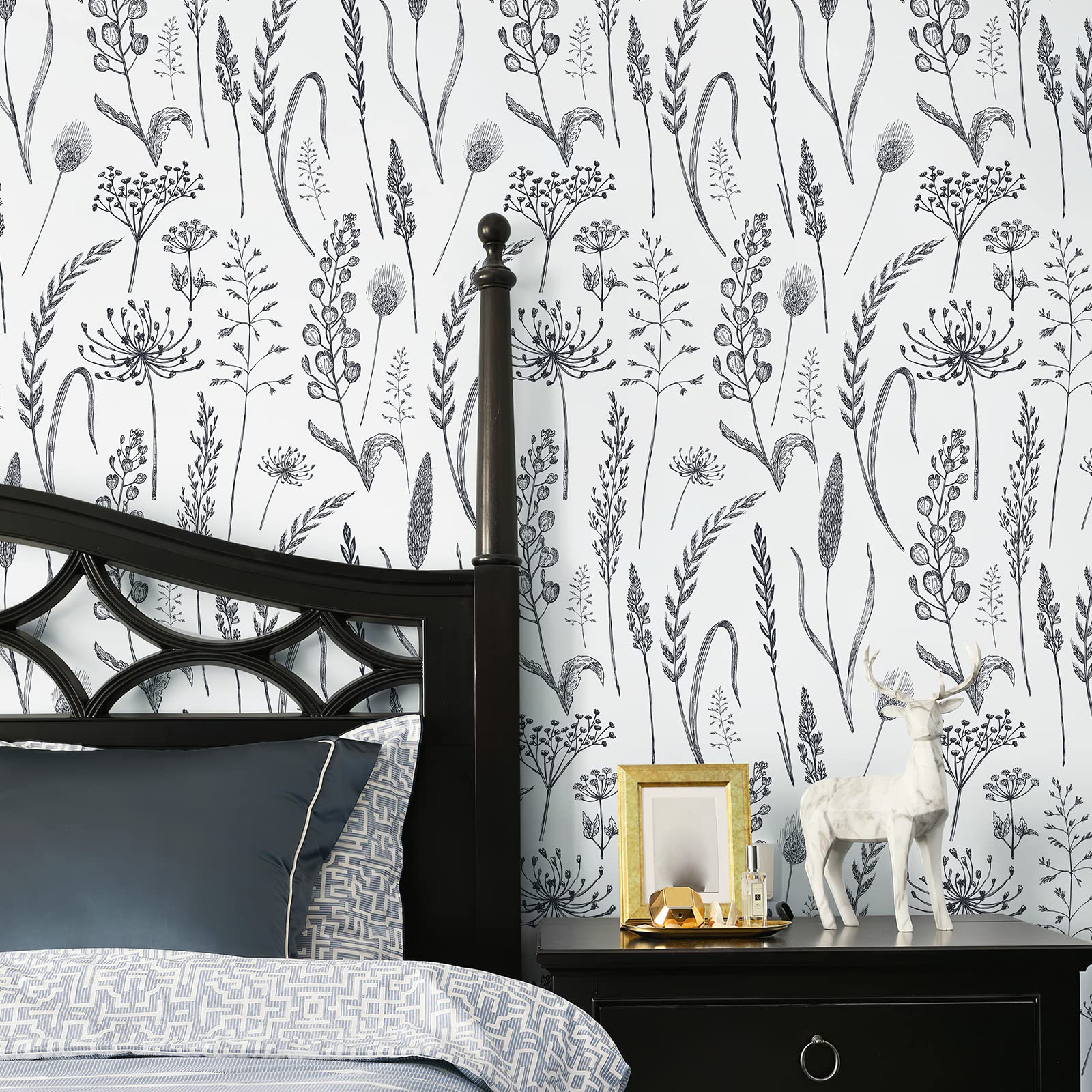 JiffDiff Peel and Stick Wallpaper Black and White Floral Wallpaper Farmhouse Wildwood Wheat Meadow Removable Wallpaper for Bedroom Modern Wallpaper Renter Friendly 118"X17.3"