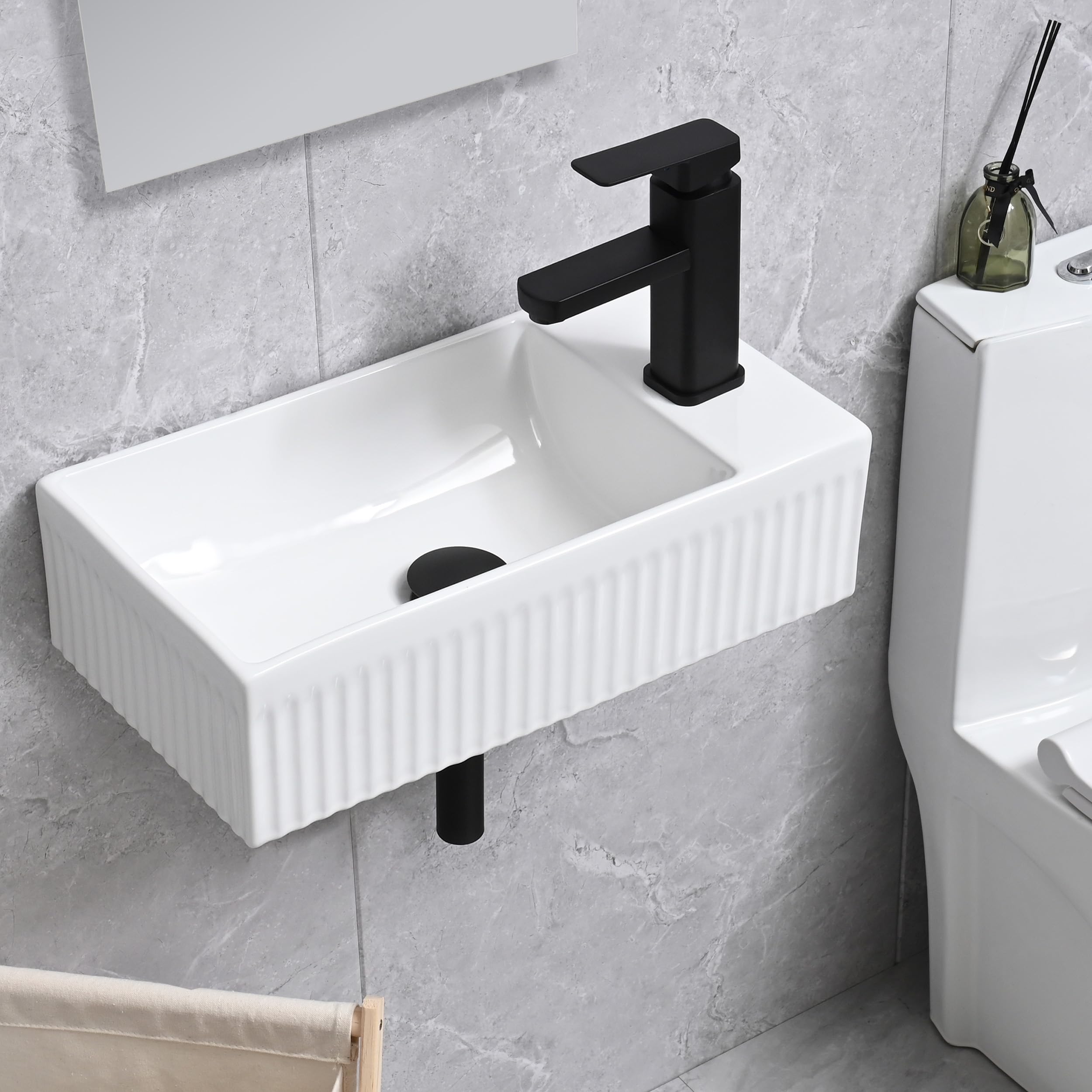 Hiomiestiy Bathroom Vessel Sink Wall Mount Sink White Wall Mounted Rectangular Bathroom Sink with Faucet and Drain White Porcelain Ceramic Washing Small Bathroom Vanity Sink